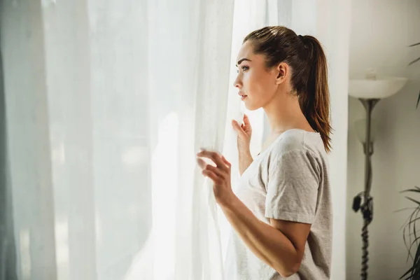 Lonely Young Girl Depression Looking Window Lost Bad Pessimistic Thoughts — Foto de Stock