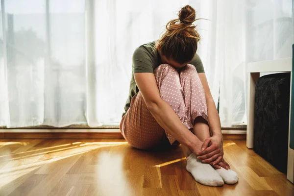 Lonely Young Woman Depression Sit Window Embrace Knees Lost Sad — Foto Stock