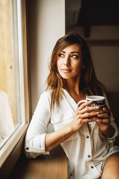 Pensive Woman Drinking Morning Coffee Looking Window —  Fotos de Stock