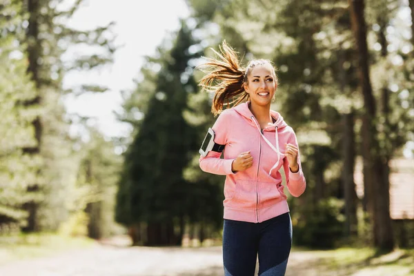 Young Beautiful Smiling Woman Jogging Sunny Trail Forest — Stock Photo, Image