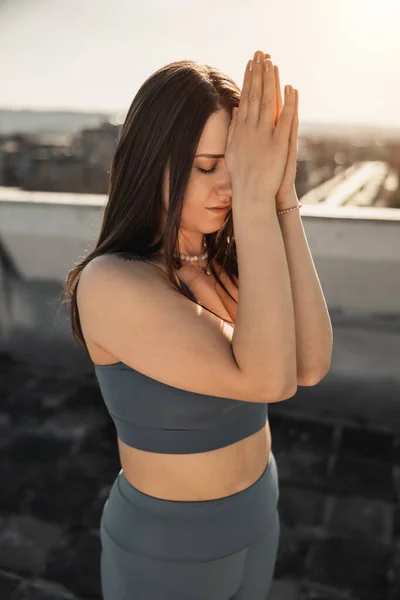 Relaxed Young Woman Practicing Yoga Rooftop Terrace Sunrise — стоковое фото