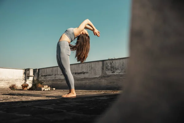 Relaxed Young Woman Practicing Yoga Rooftop Terrace Sky Background —  Fotos de Stock