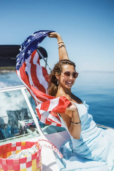 Attractive Young Woman National Flag Having Fun Spending Day Her — Foto Stock