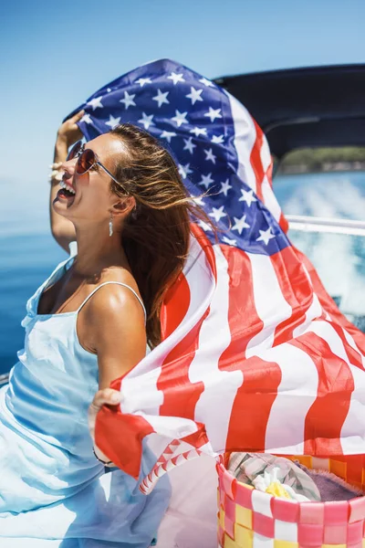 Attractive Young Woman National Flag Having Fun Spending Day Her — Foto de Stock