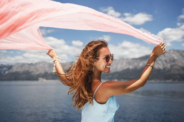 Shot Attractive Young Woman Scarf Enjoying Day Her Private Yacht — Zdjęcie stockowe