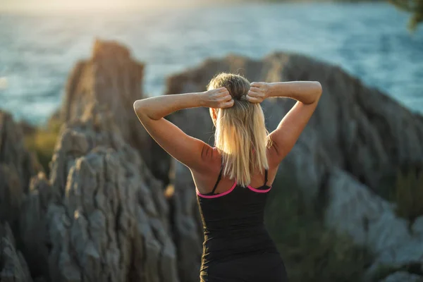 Rear View Fit Middle Age Woman Preparing Training Sea Beach — 图库照片