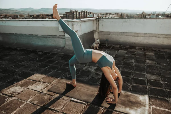 Relaxed Woman Practicing Yoga Stretching Exercise Rooftop Terrace —  Fotos de Stock