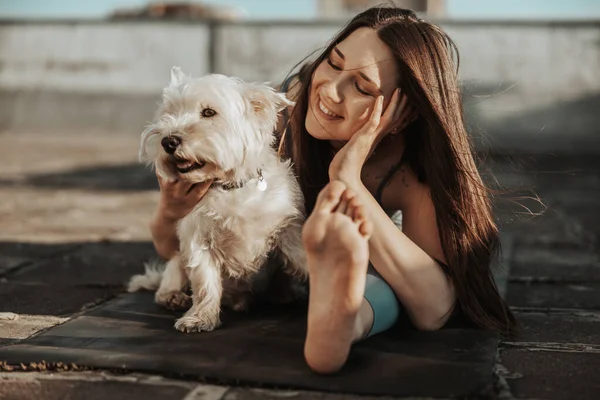 Relaxed Woman Practicing Yoga Stretching Exercise Rooftop Supporting Her Pet — Stockfoto