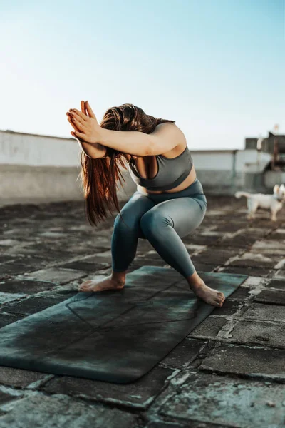 Relaxed Woman Practicing Yoga Stretching Exercise Rooftop Terrace Sunset —  Fotos de Stock