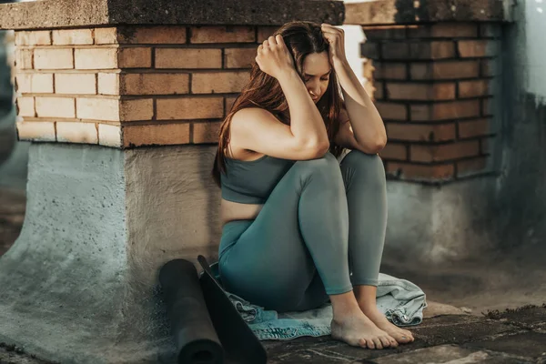 Lonely Young Woman Depression Sit Rooftop Terrace Lost Bad Pessimistic — Stockfoto