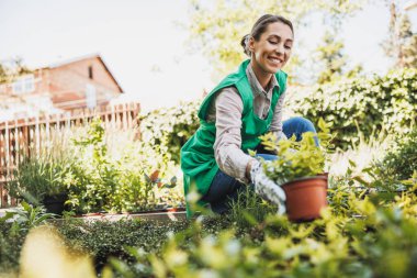 Smiling young woman working in a garden center, holding and arranging flower pots.
