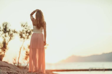 Rear view of an attractive young woman in dress is enjoying summer sunset at the wonderful seaside.