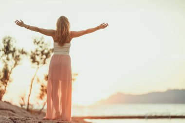 Rear view of an attractive young woman in dress is enjoying summer sunset at the wonderful seaside.