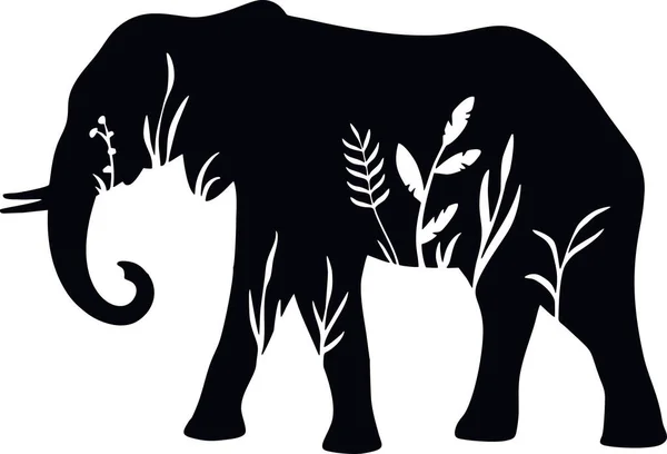 Elefant - stencil med blommig design - blommig djur silhuett — Stock vektor