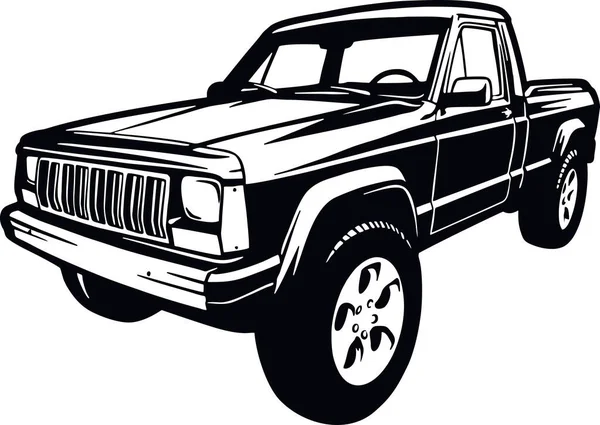 Classic Truck 90s, Spierwagen, Classic auto, Sjabloon, Silhouet, Vector Clip Art - Truck 4x4 Off Road - Off-road auto voor tshirt en embleem — Stockvector