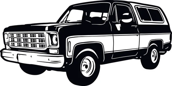Classic Truck 70s, Spierwagen, Classic auto, Sjabloon, Silhouet, Vector Clip Art - Truck 4x4 Off Road - Off-road auto voor tshirt en embleem — Stockvector