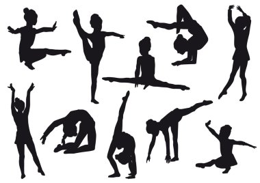 Silhouettes of gerl, children at dance, aerobics, shaping.