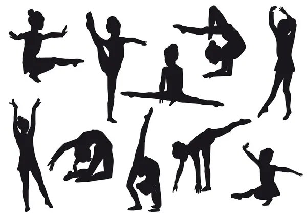 Silhouetten van gerl, kinderen op dans, aerobics, vormgeven. — Stockvector