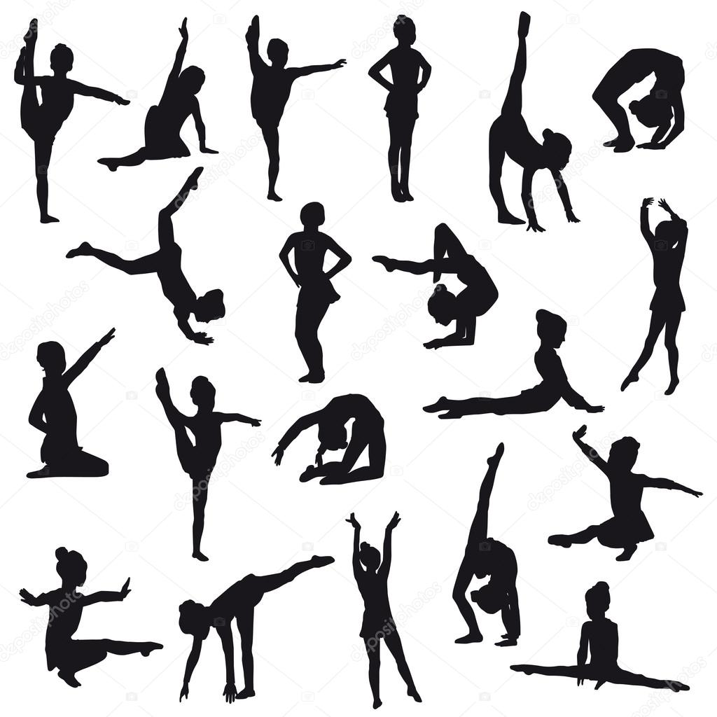 Silhouettes of gerl, children at dance, aerobics, shaping