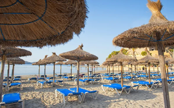 Playa de arena con sombrillas de paja y tumbonas —  Fotos de Stock