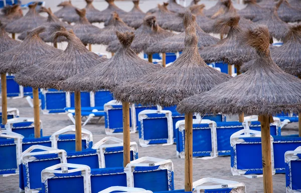 Sandstrand med halm parasoller och solstolar — Stockfoto