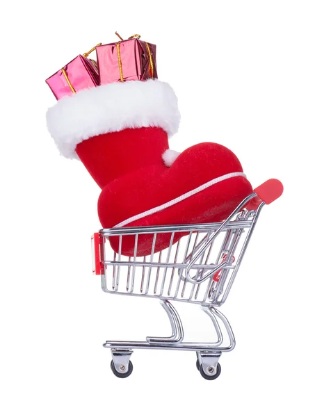 Carrinho de Compras Com Bota Vermelha de Natal — Fotografia de Stock