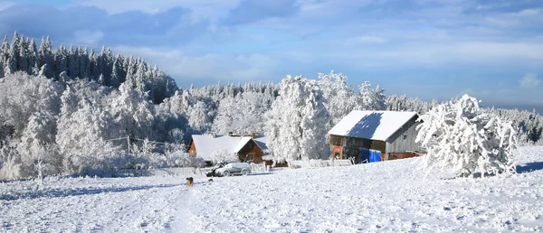 Land altes Haus durch schneebedeckten Winter — Stockfoto