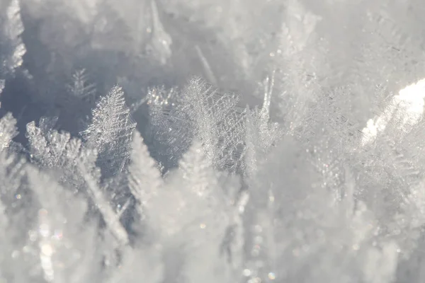 Naturliga Snökristaller Mycket Frostigt Väder Bergen Makrofotografi — Stockfoto