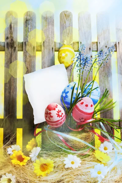 Art easter background with fence, eggs, spring flowers, blank ca — Stock Photo, Image