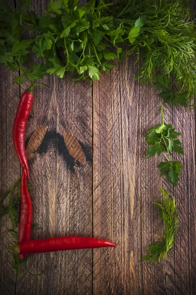 Art background vegetable early board table wooden parsley dill p — Stock Photo, Image