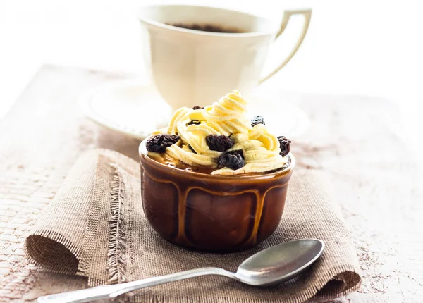 Creamy dessert sweet coffee cup black wooden board — Stock Photo, Image