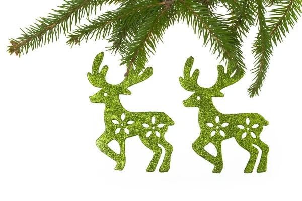 Christmas decorations background spruce twig reindeer white — Stock Photo, Image