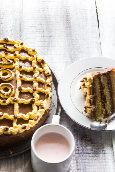 Slice sweat cake cream wooden table board white — Stock Photo, Image