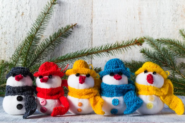 Snowmen board wooden Christmas winter plush team family — Stock Photo, Image