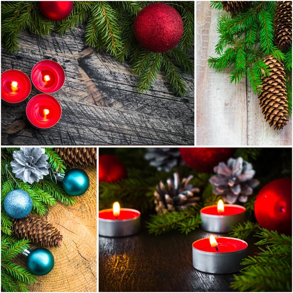 Weihnachten Collage Glaskugel Schneemann Kerzen Lichter — Stockfoto