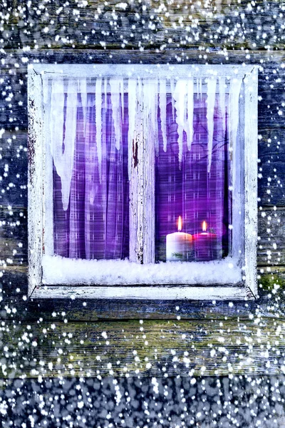 Window wall Christmas lighted candles — Stock Photo, Image