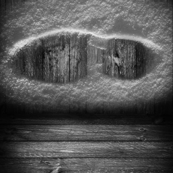 Fondo pannelli di legno grigio scarpa stampa neve — Foto Stock