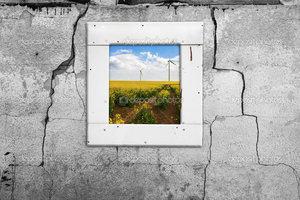 Window wall old landscape windmill abstract wall cracked