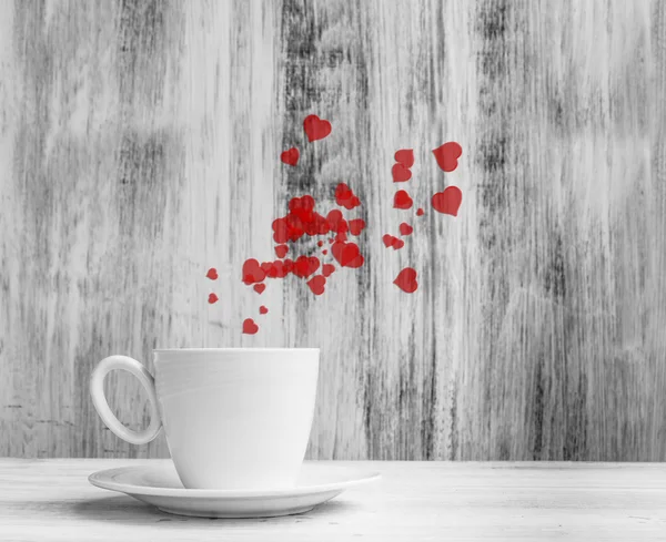 Mug lovers White cup warm hearts wooden background — Stock Photo, Image