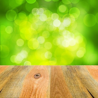 Yeşil bokeh arka plan ahşap tablo