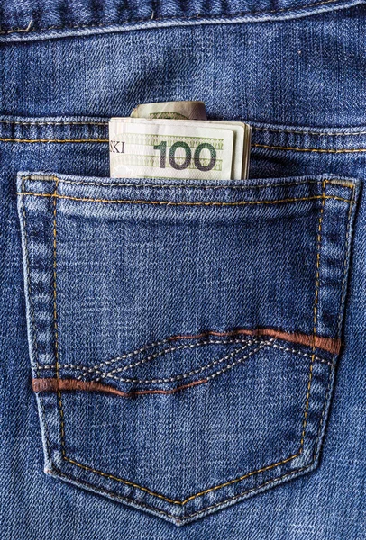 Several Polish banknotes jeans pocket — Stock Photo, Image