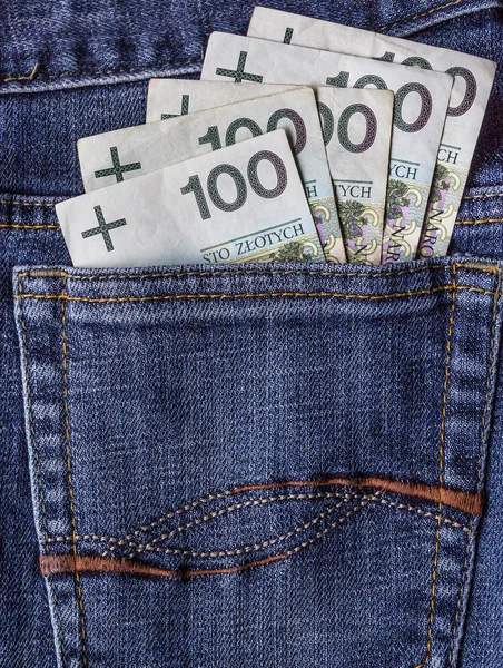 Mehrere polierte Banknoten Jeanstasche — Stockfoto
