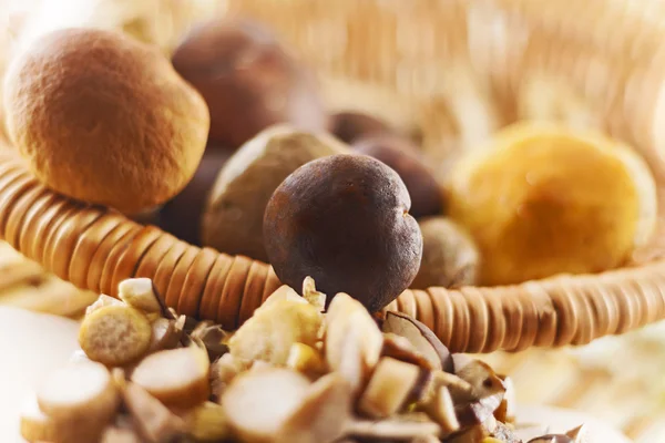 Wooden basket full fresh mushrooms — Stock Photo, Image