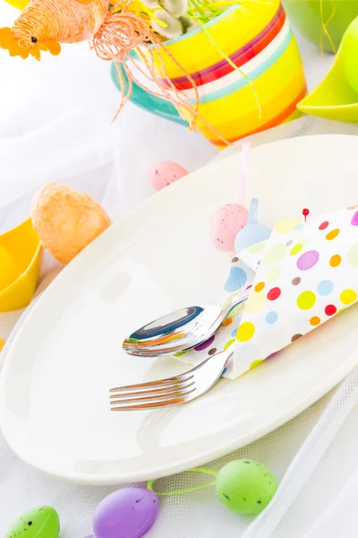 Cutlery wrapped napkin Easter table — Stock Photo, Image