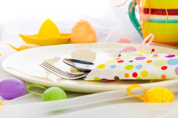 Cutlery wrapped napkin Easter table — Stock Photo, Image