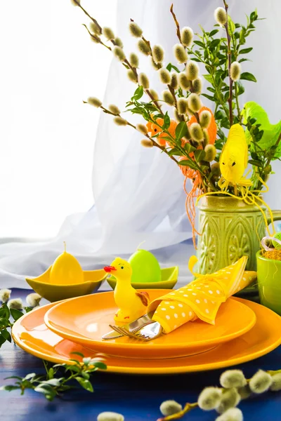 Easter table setting bunch willow catkins — Stock Photo, Image