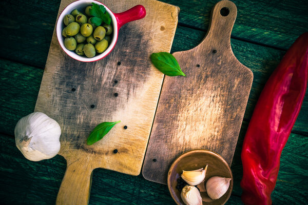 Old chopping boards spices herbs