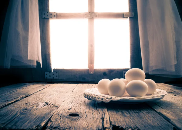 Old kitchen table rural hut morning egg — Stock Photo, Image