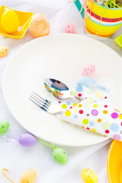 Easter table setting silverware wrapped napkin — Stock Photo, Image