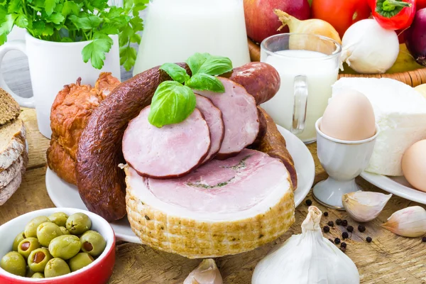 Zusammensetzung Vielfalt Lebensmittelprodukte Fleisch Milchprodukte — Stockfoto